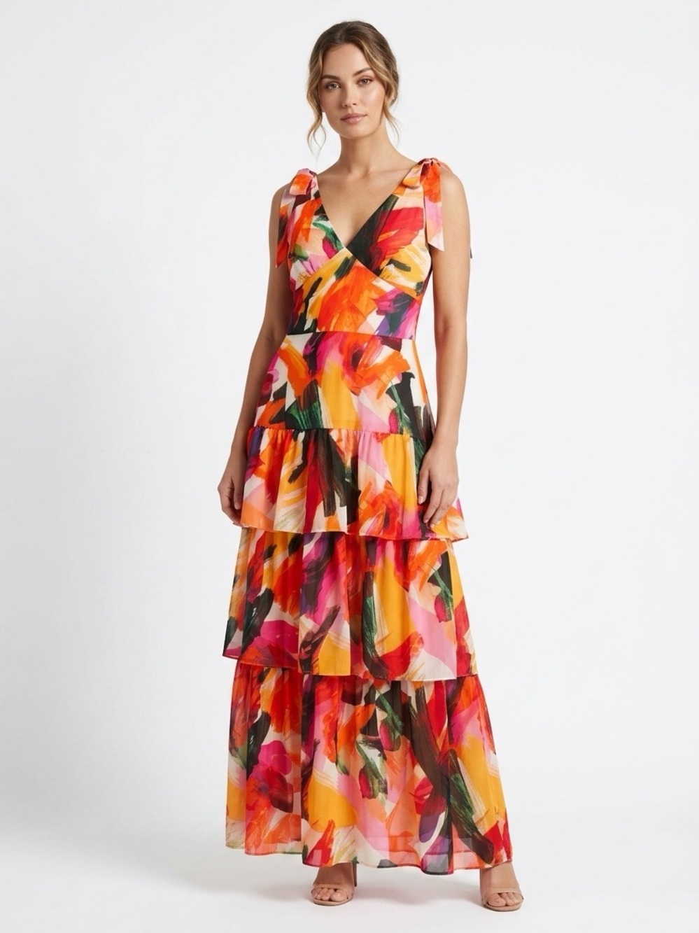 julia jordan Multicolor Floral Brushstroke Maxi Dress - Pink, Orange, Green
